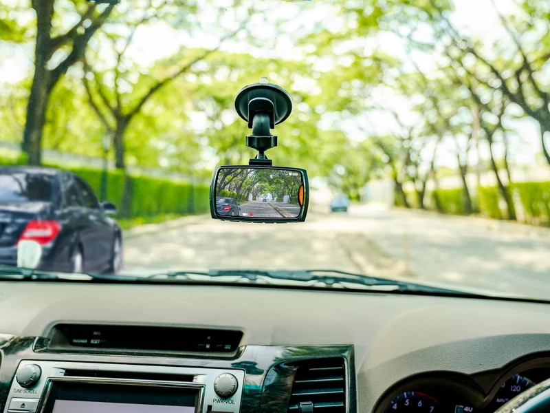 View out through a windscreen with the camera unit in place and the road ahead
