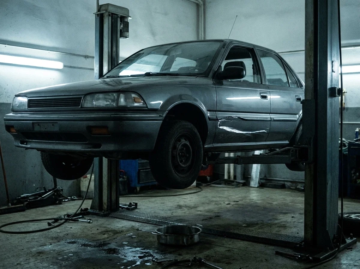 Customer car raised on a workshop lift with a scrape along the door panel