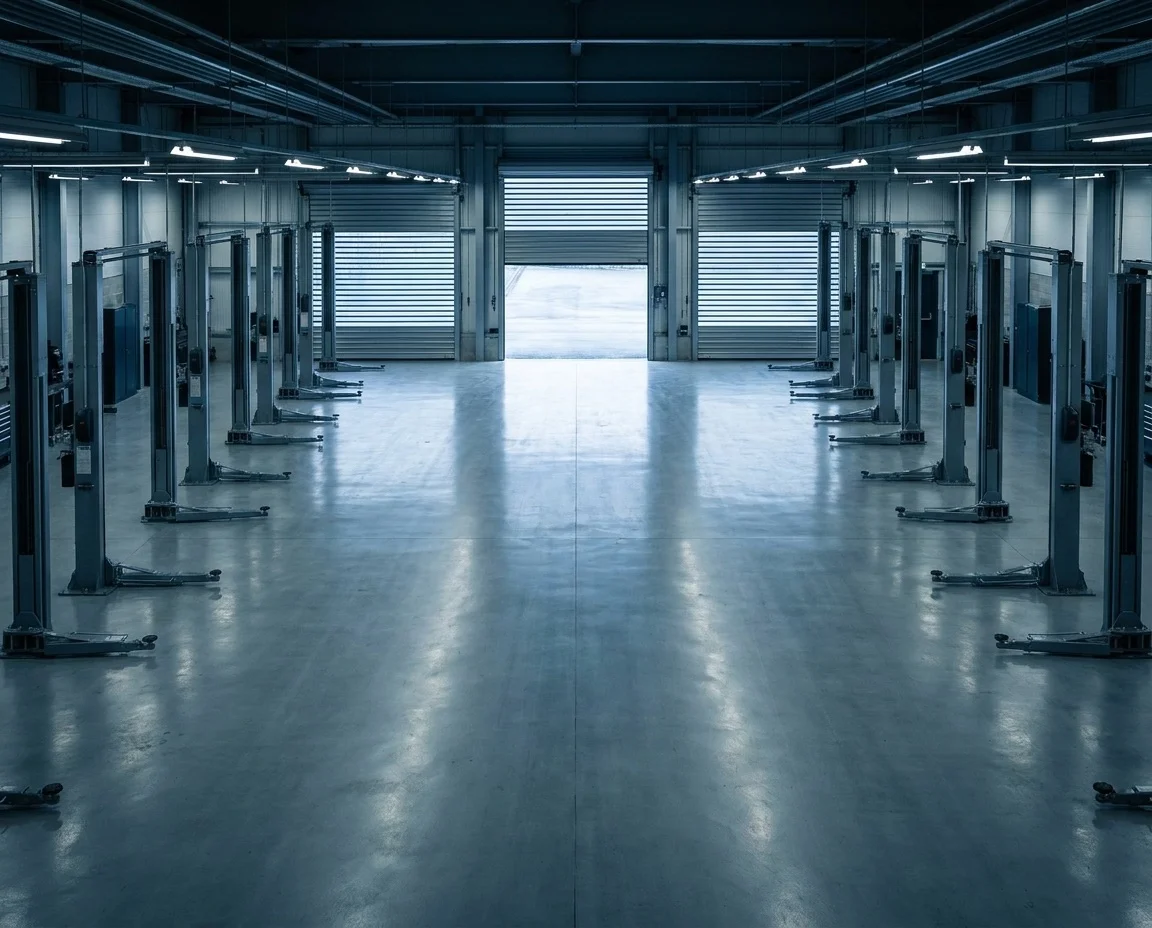 Row of empty workshop bays receding toward open roller doors