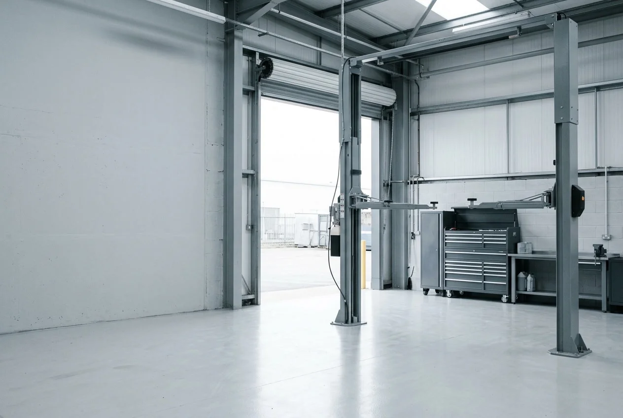 Empty automotive workshop bay with a raised two-post vehicle lift