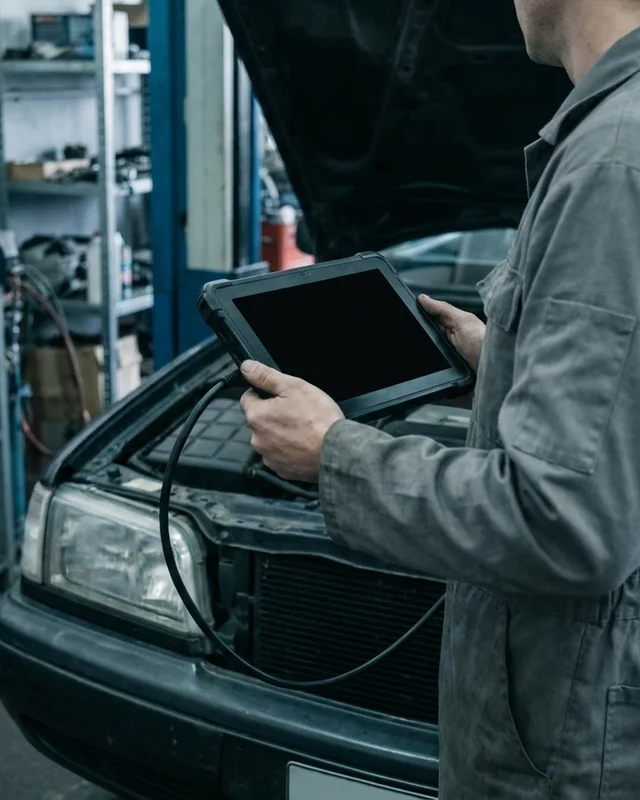 Technician holding a diagnostic tablet beside an open engine bay