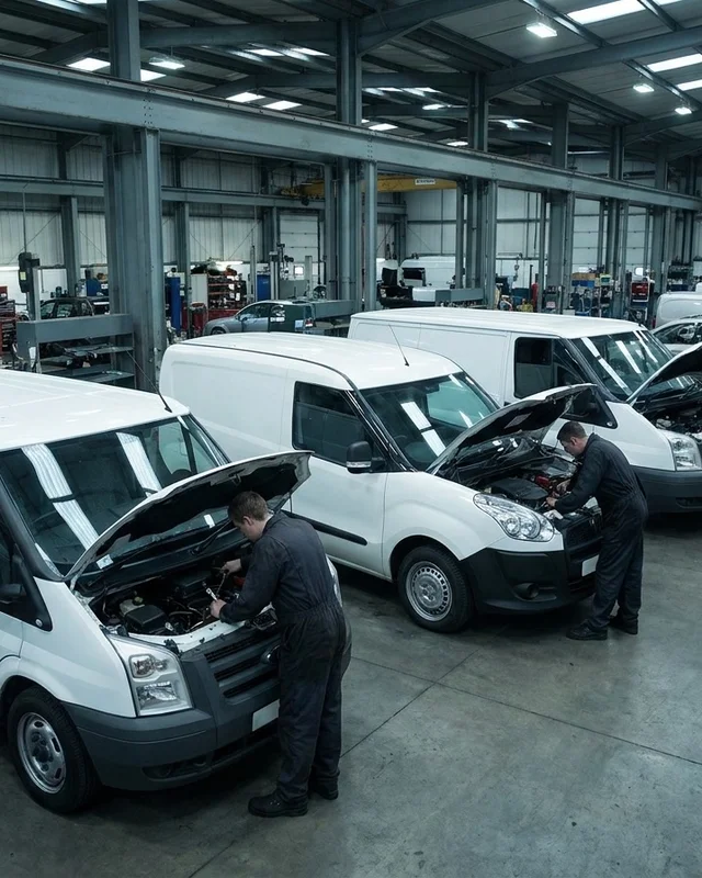 Row of plain white commercial vans with bonnets open inside a workshop