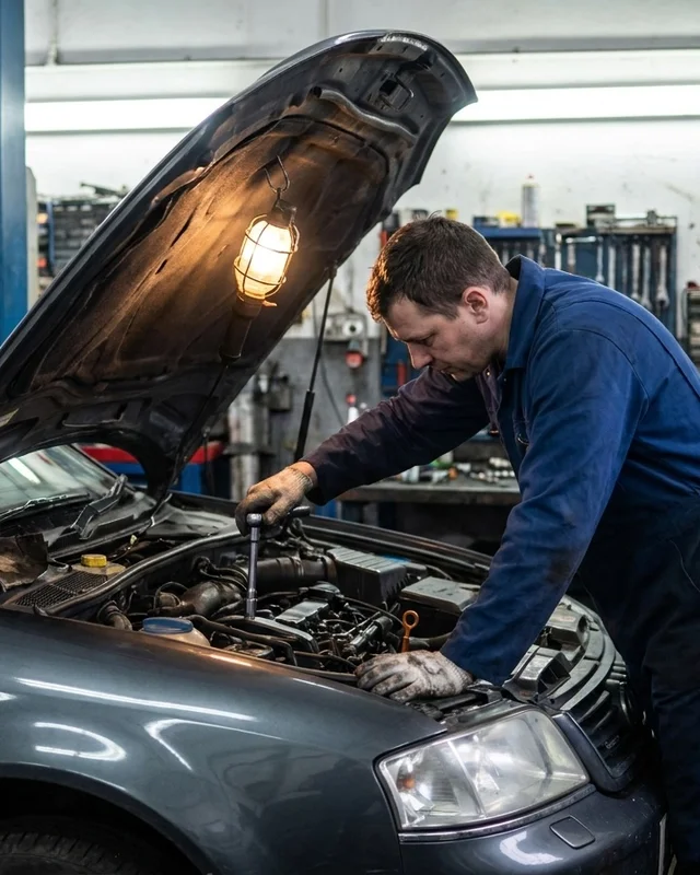 Mechanic working under the open hood of a car in a workshop bay