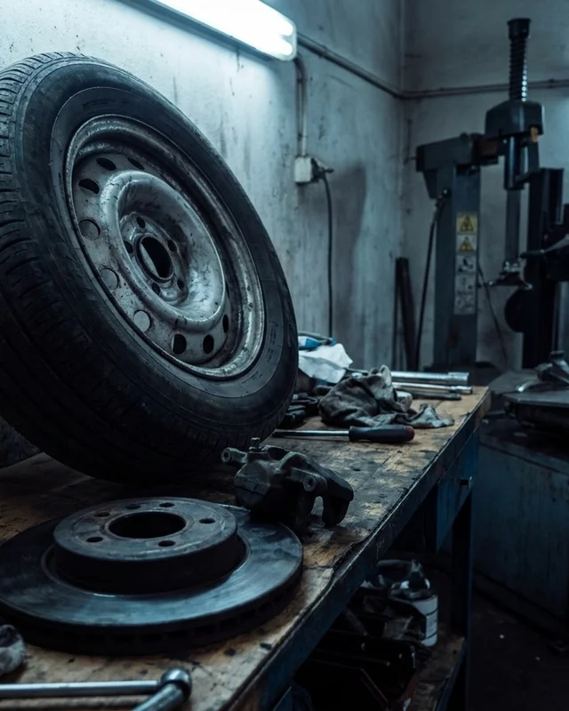 Wheel and brake disc removed and resting beside a workshop bench