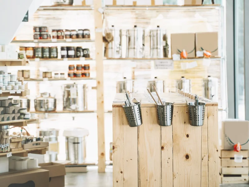 Shop shelves stacked with jars, tins and packaged stock