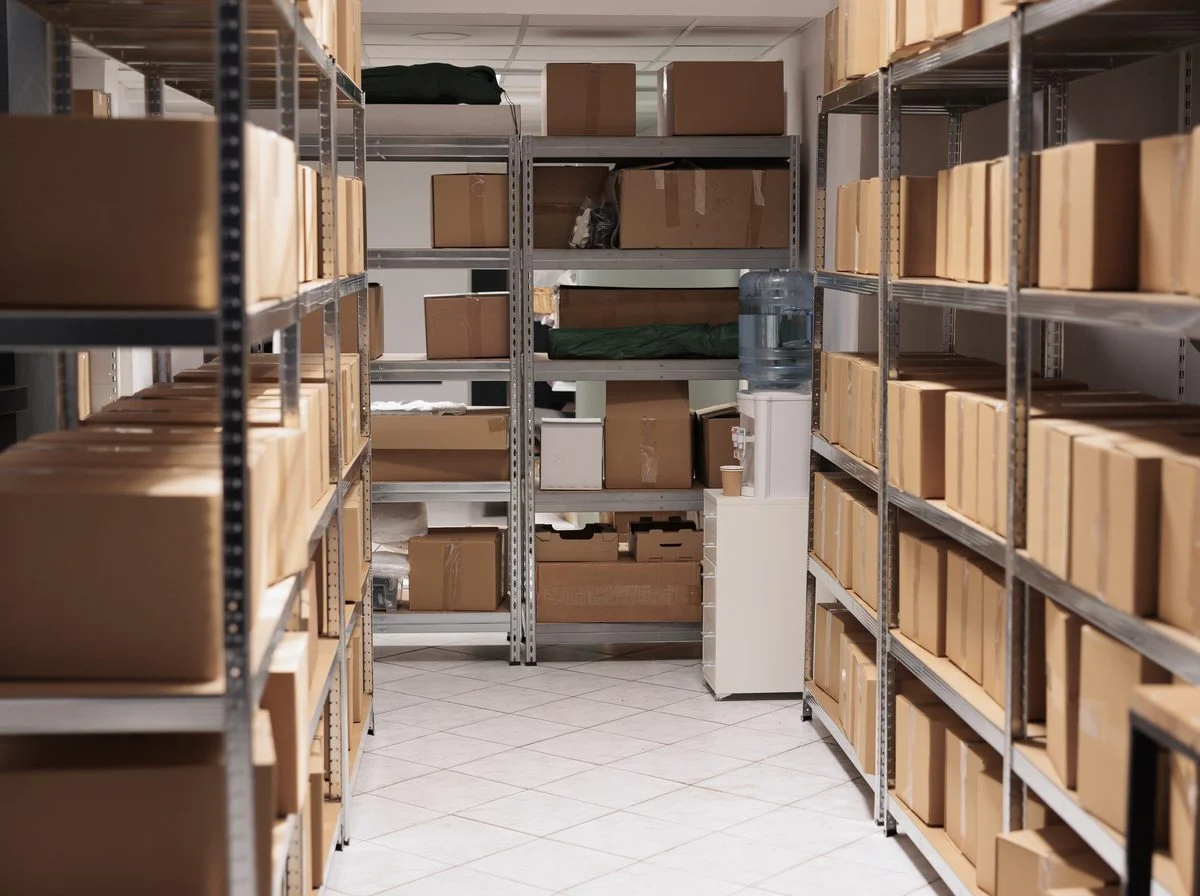 Back of house storeroom with stock and equipment