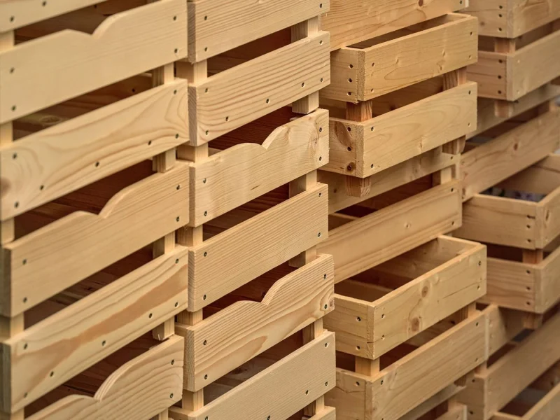 Matching storage boxes stacked neatly on shelving