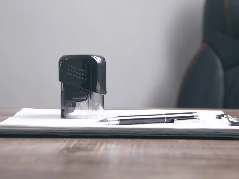 Self-inking rubber stamp resting on a clipboard of papers