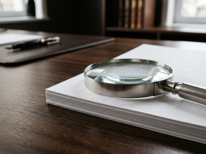 Magnifying glass resting on a stack of printed documents on a dark desk