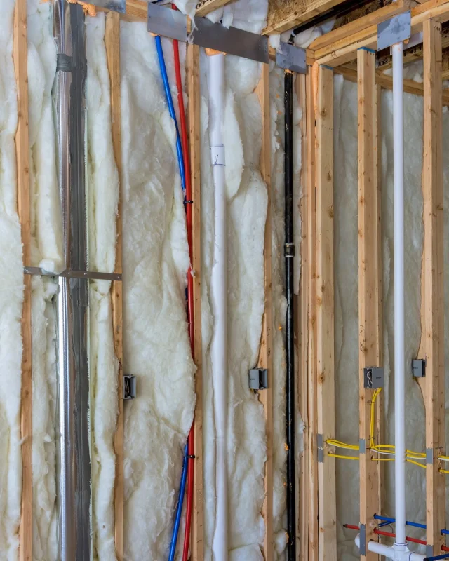 Insulated stud bay with plumbing lines and outlet boxes roughed in