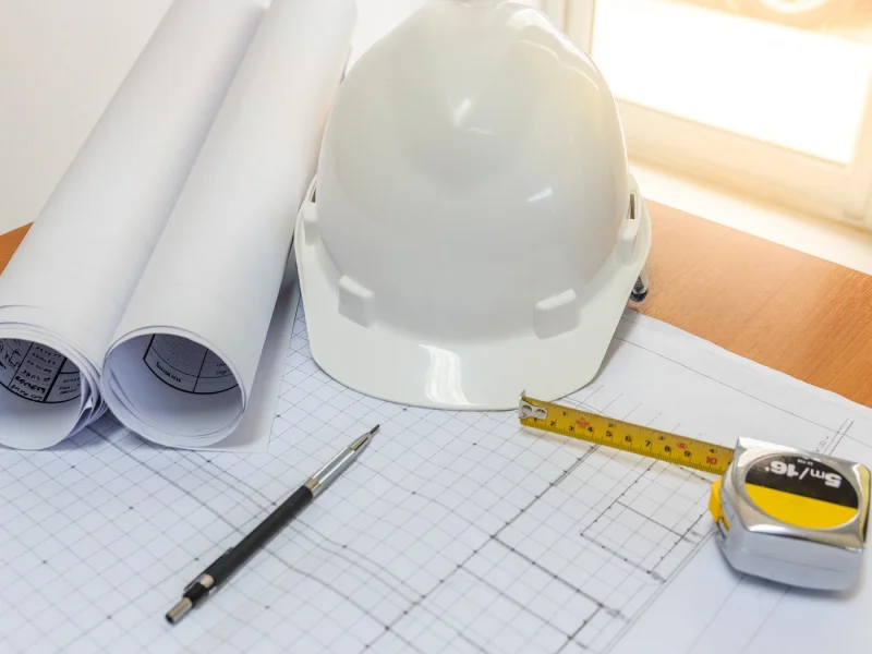 Rolled site plans, a hard hat and a tape measure on a drawing sheet
