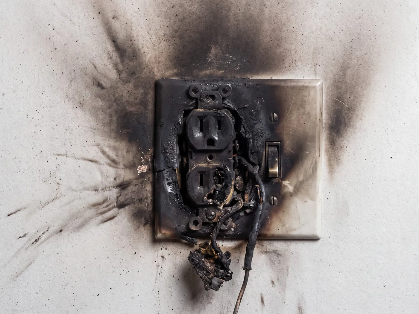 Burnt-out duplex receptacle with soot fanning up the wall around it