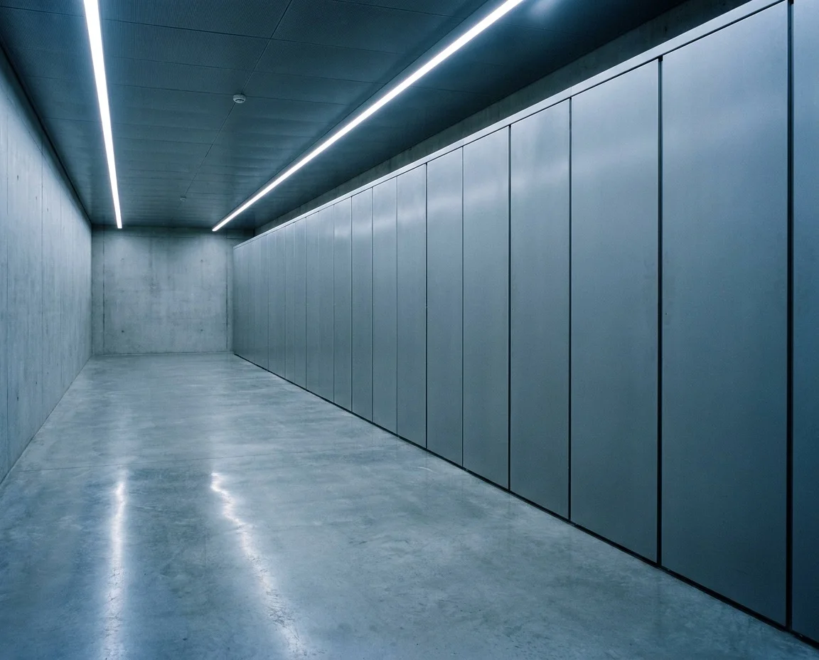 Lit corridor of flush metal wall panels running away down a concrete floor