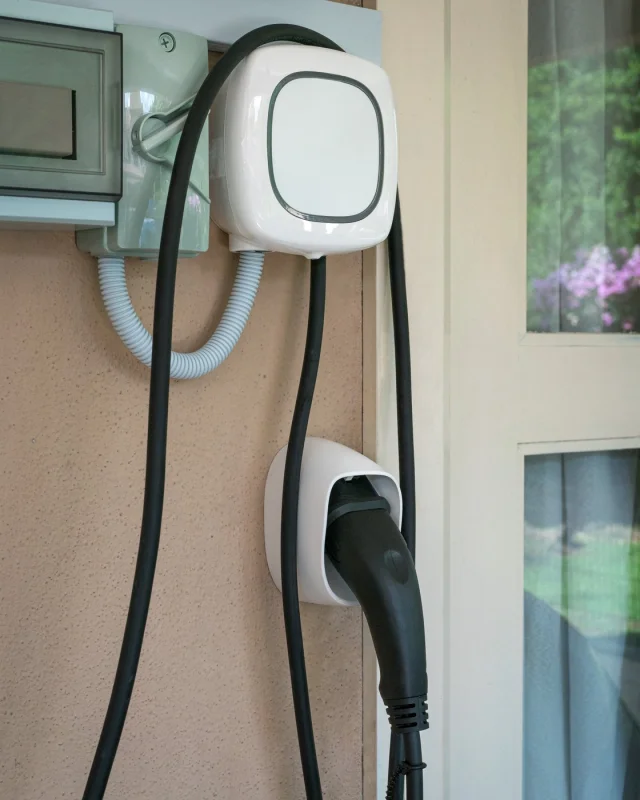 Wall-mounted electric vehicle charge point and its lead on the outside of a house