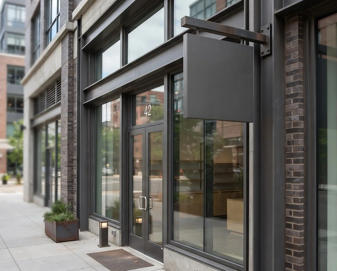 Front elevation of a modest commercial building in daylight