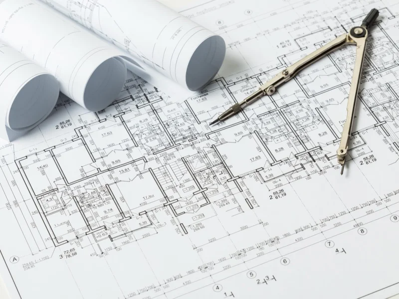 Technical drawings and a specification document laid out on a desk