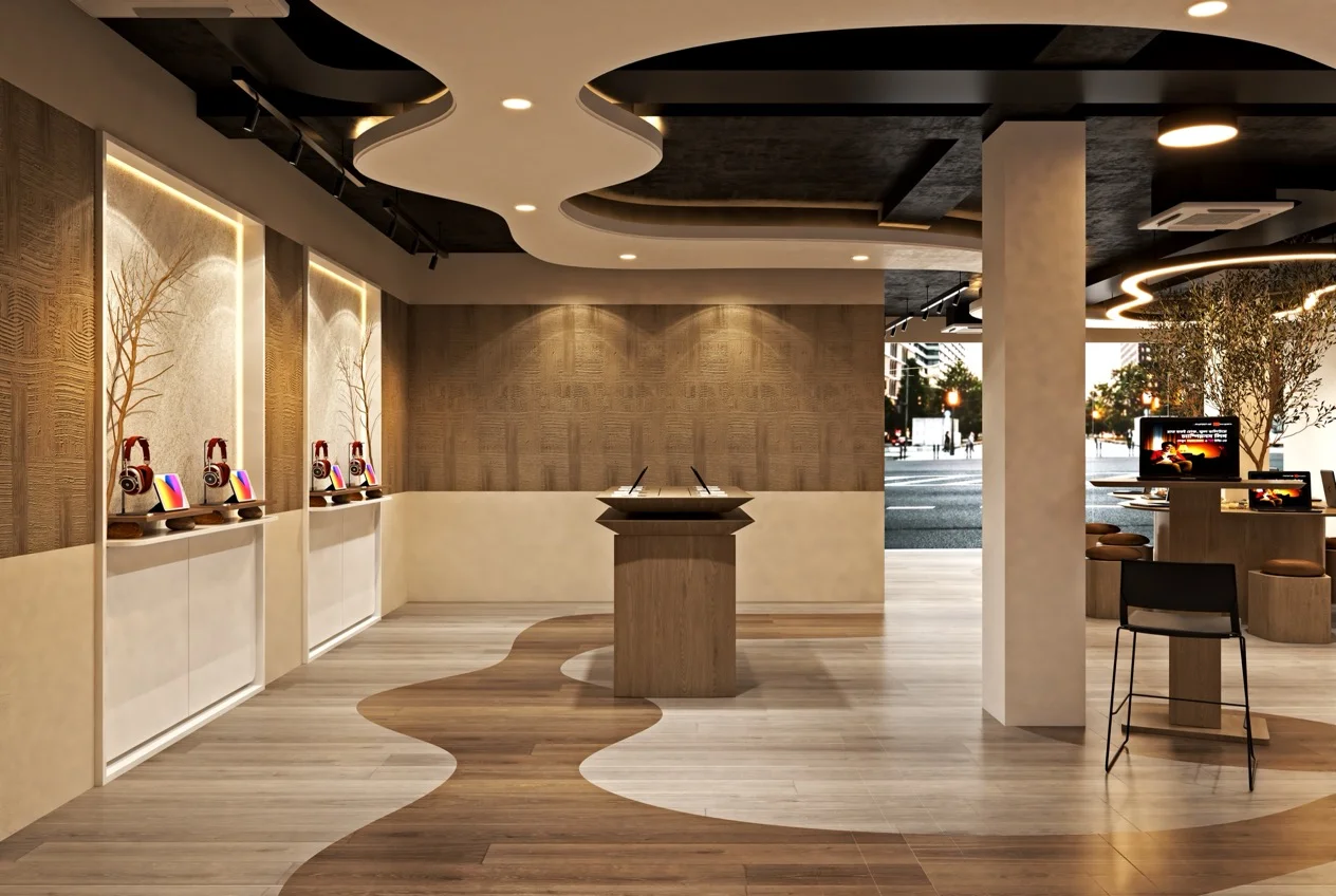 Empty shop floor with a service counter and daylight through the frontage