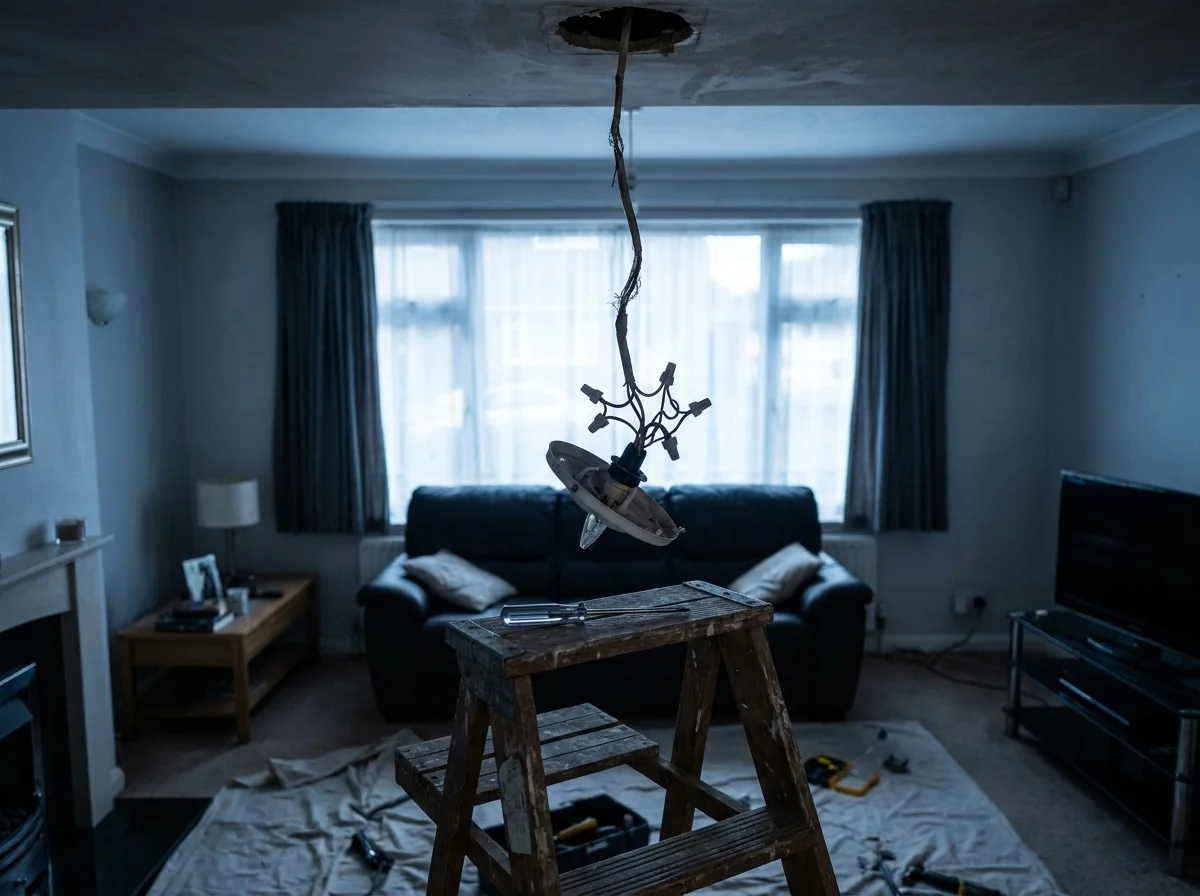 Partly removed ceiling light fitting hanging from its cable above a stepladder