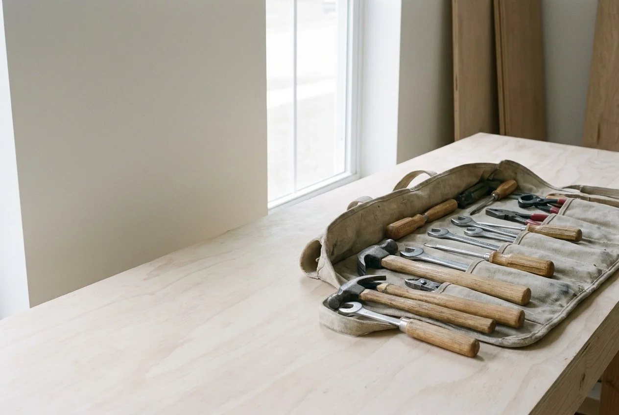 Open tool roll and hand tools laid out on a pale workbench