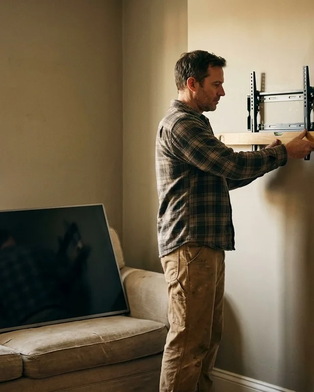 Handyman mounting a wall bracket for a flat screen using a spirit level