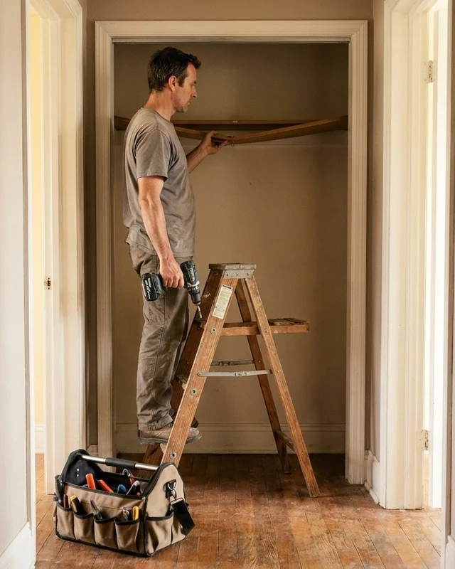Handyman on a stepladder fixing a shelf inside a hallway closet