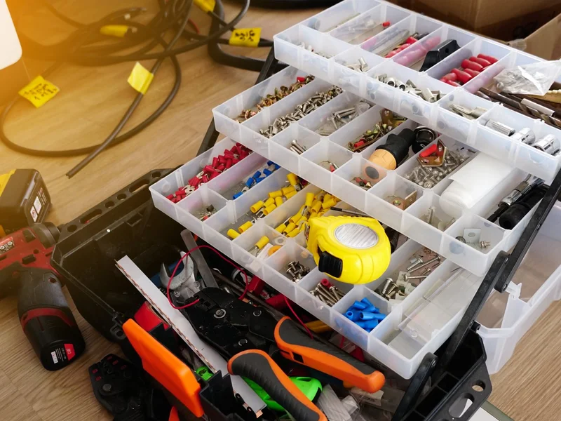 Electrical fittings and parts sorted in a site tool case