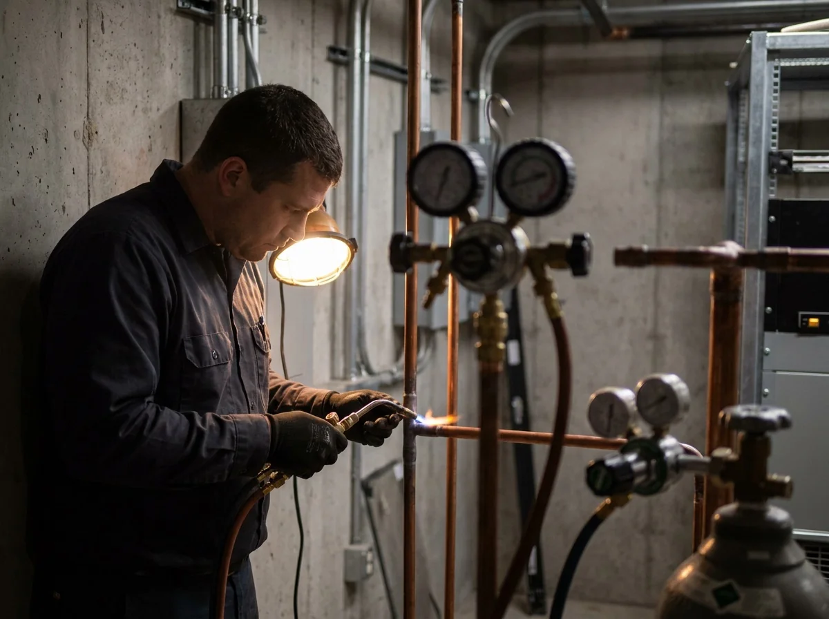 HVAC technician brazing a copper refrigerant line in a plant room