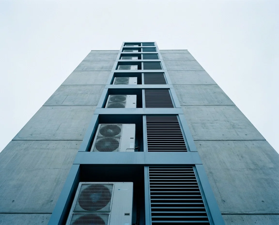Condenser units stacked up the flank of a commercial building