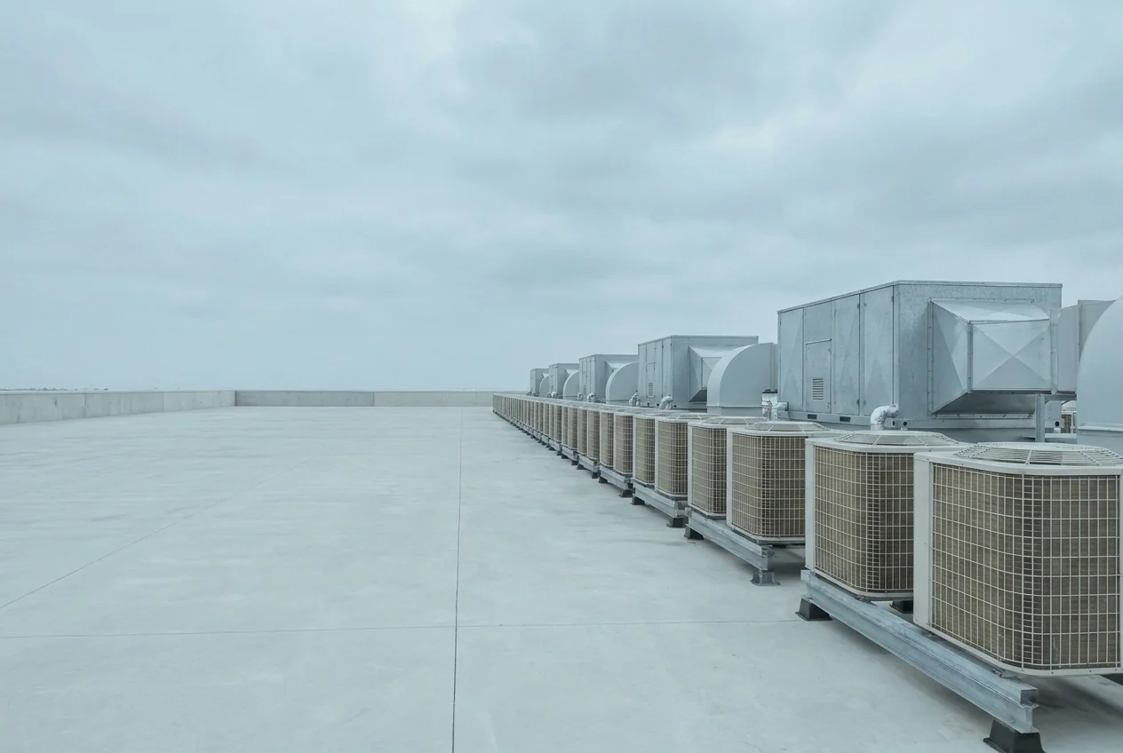 Rooftop packaged HVAC units and condensers on a commercial building