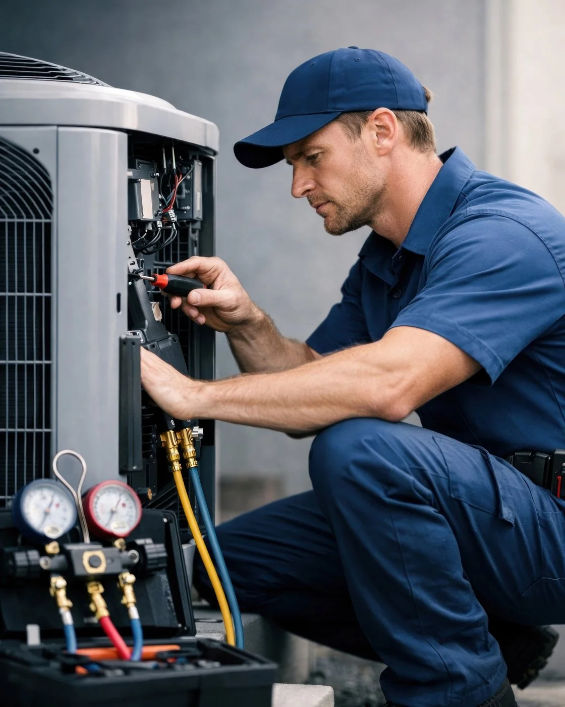 HVAC technician connecting manifold gauges to a residential condenser unit