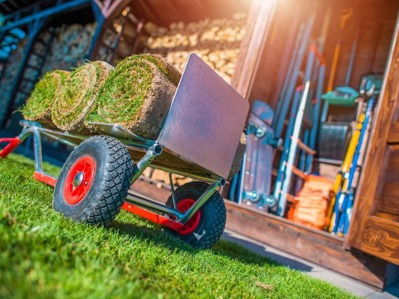 Rolls of turf loaded on a barrow beside a store of grounds tools