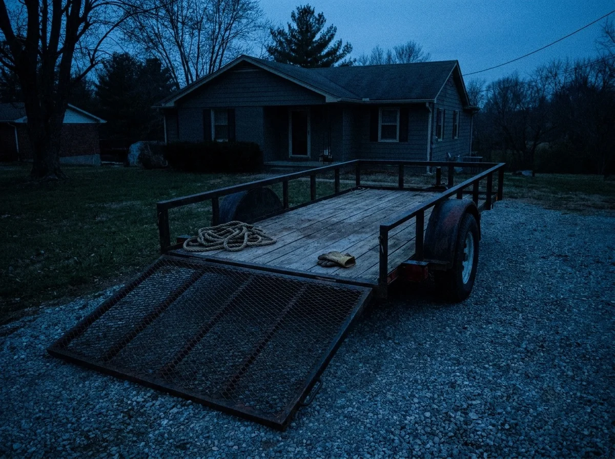 Empty landscaping trailer with its ramp down on a driveway at dusk