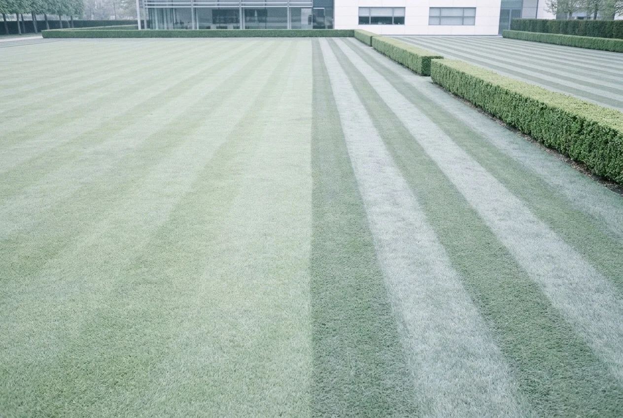 Striped commercial lawn with clipped hedging alongside