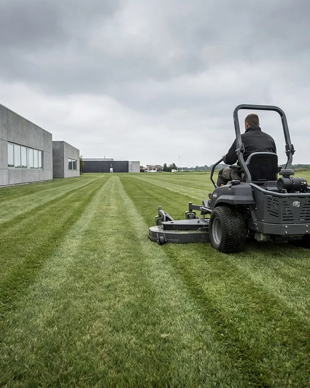 Zero-turn ride-on mower working a commercial grounds lawn beside an office building