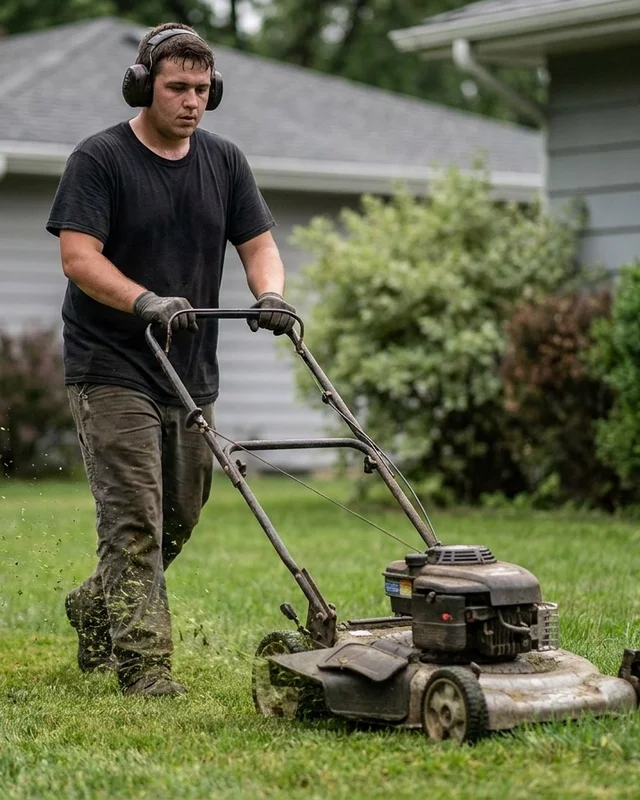 Groundworker pushing a walk-behind mower across a residential front lawn