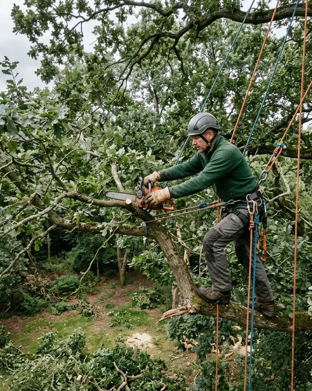 Arborist roped into a tree canopy holding a chainsaw