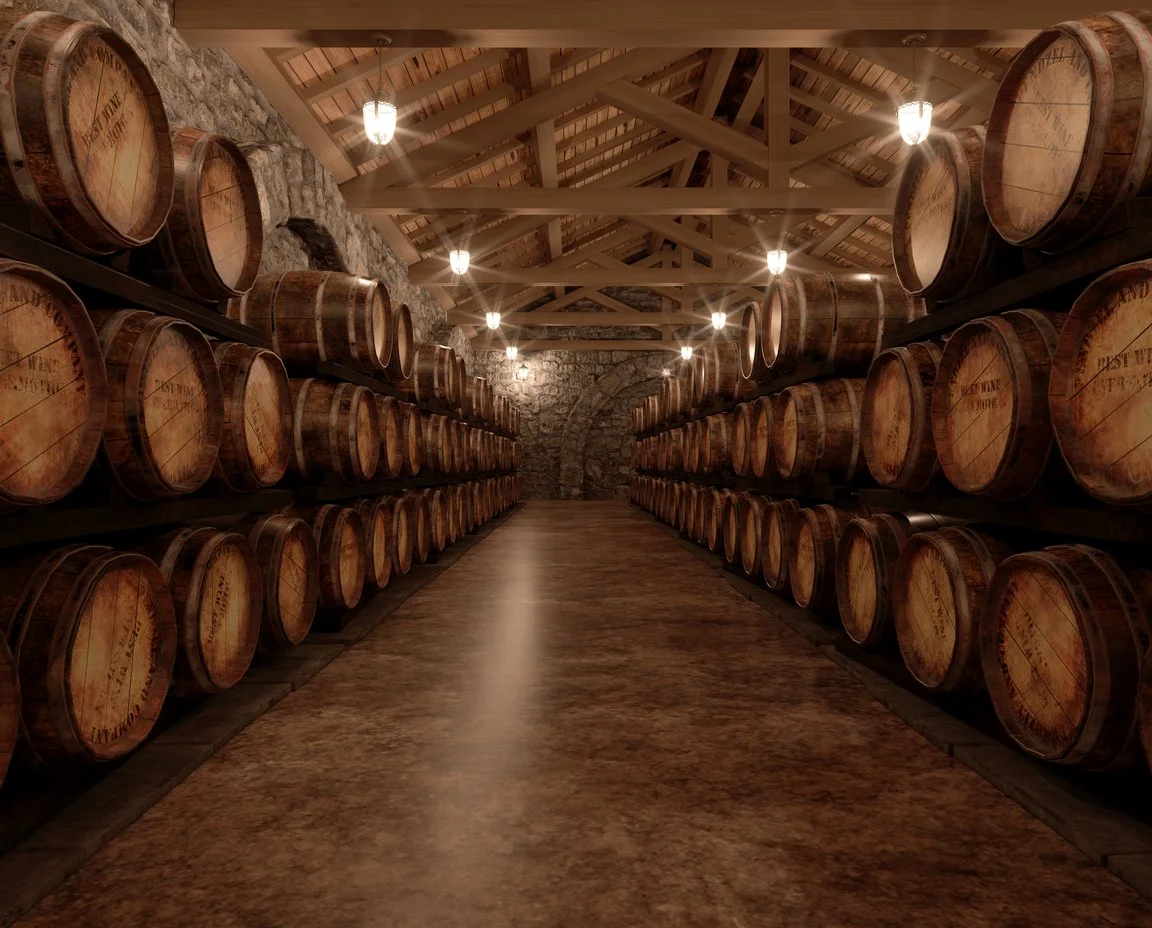 Stacked barrels in a quiet cellar store