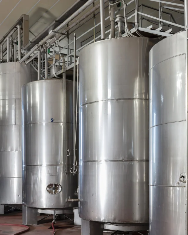 Stainless fermentation tanks in a production hall