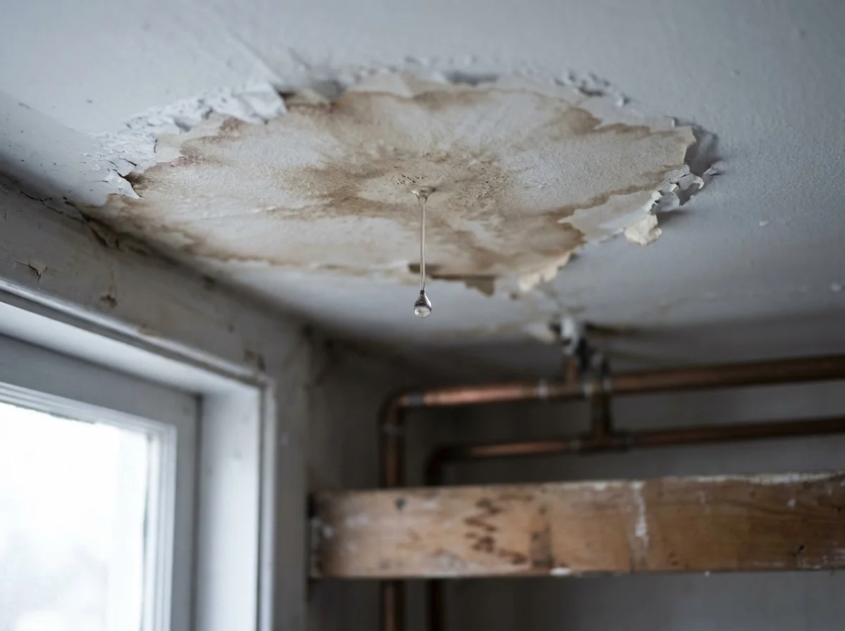 Water-stained, peeling ceiling with a drip falling above a run of copper pipe