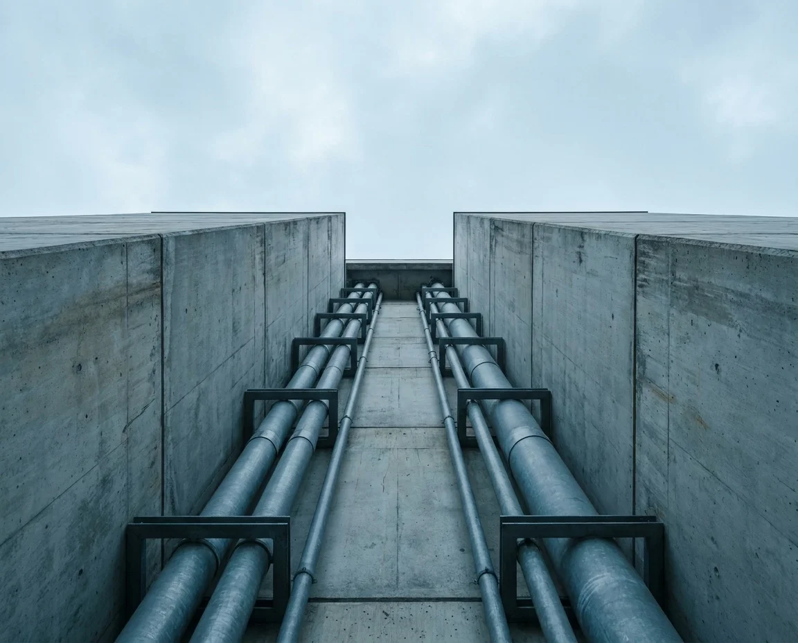 Exposed pipework rising through the service riser of a commercial building