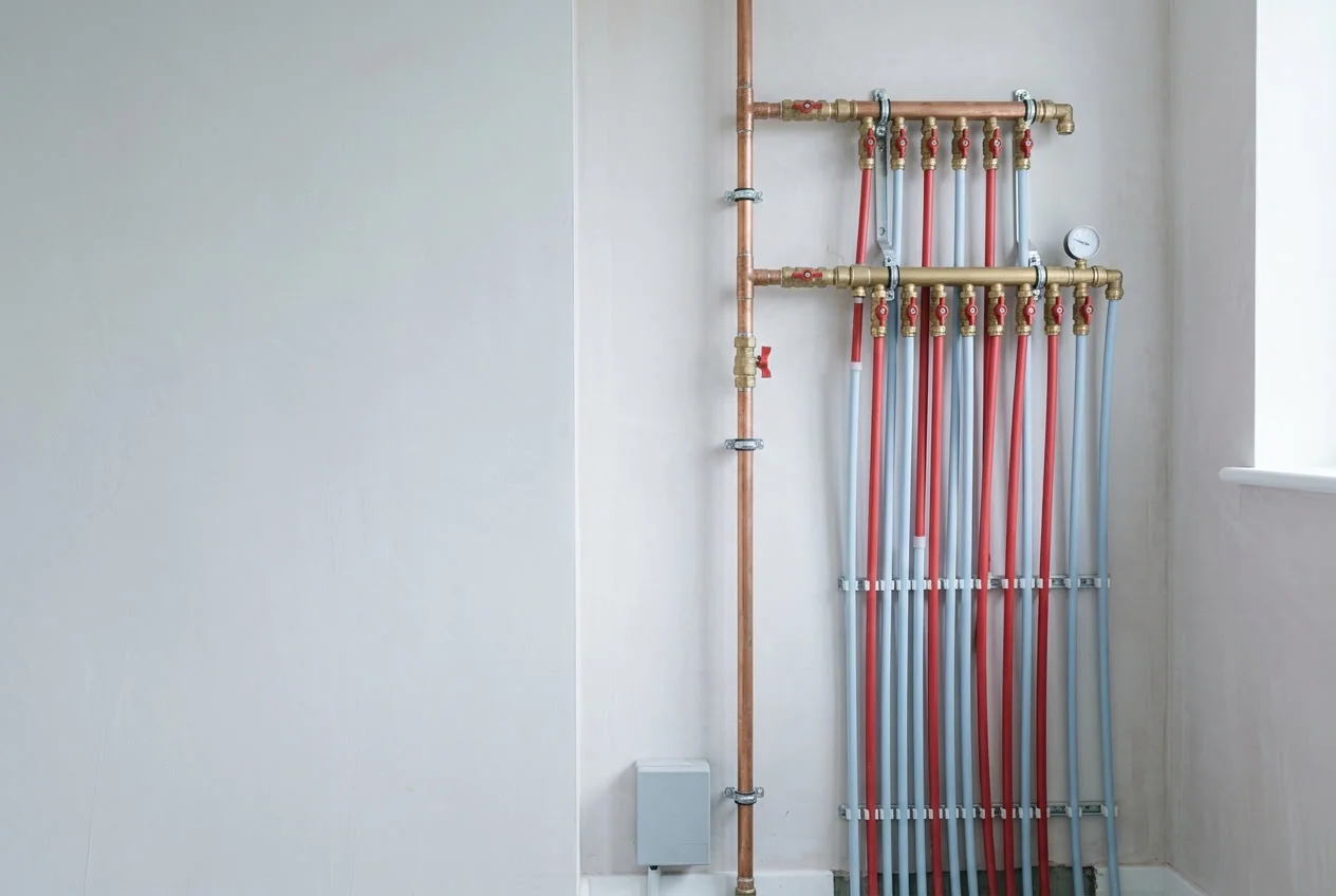 Copper supply lines and a pressure gauge on a plant room manifold