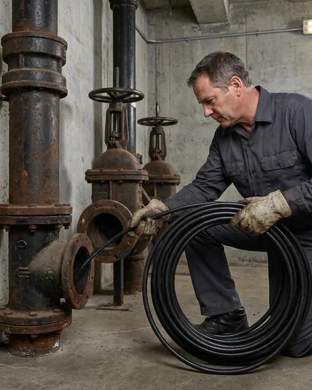 Plumber feeding a jetting hose into a commercial sewer cleanout in a plant room