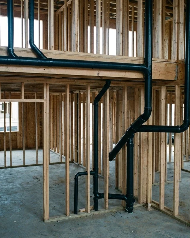 Drain waste and vent stacks rough-in running through open timber framing