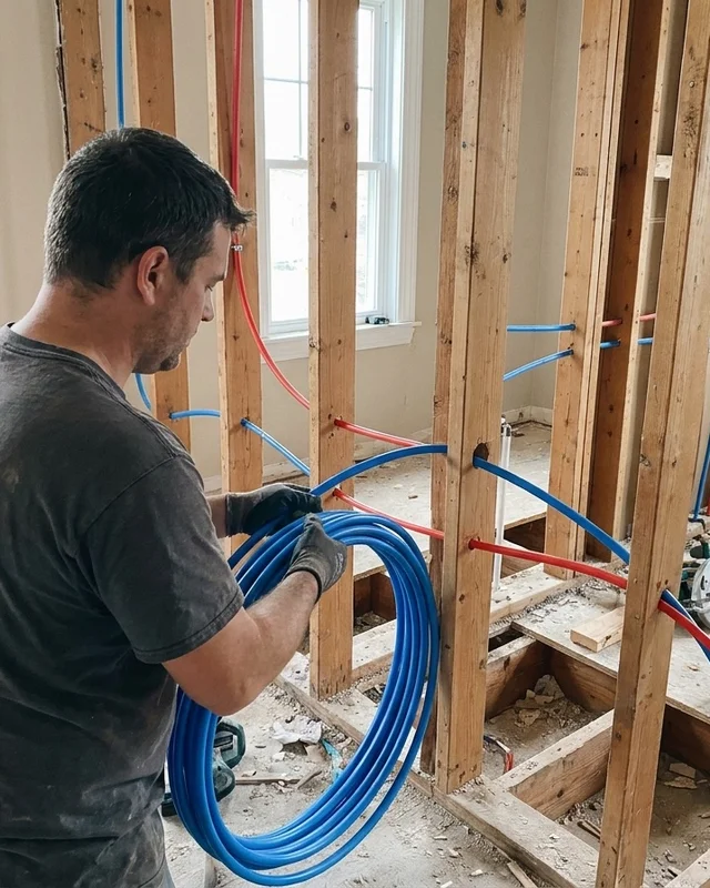 Plumber routing PEX lines through open stud walls during a whole-house repipe