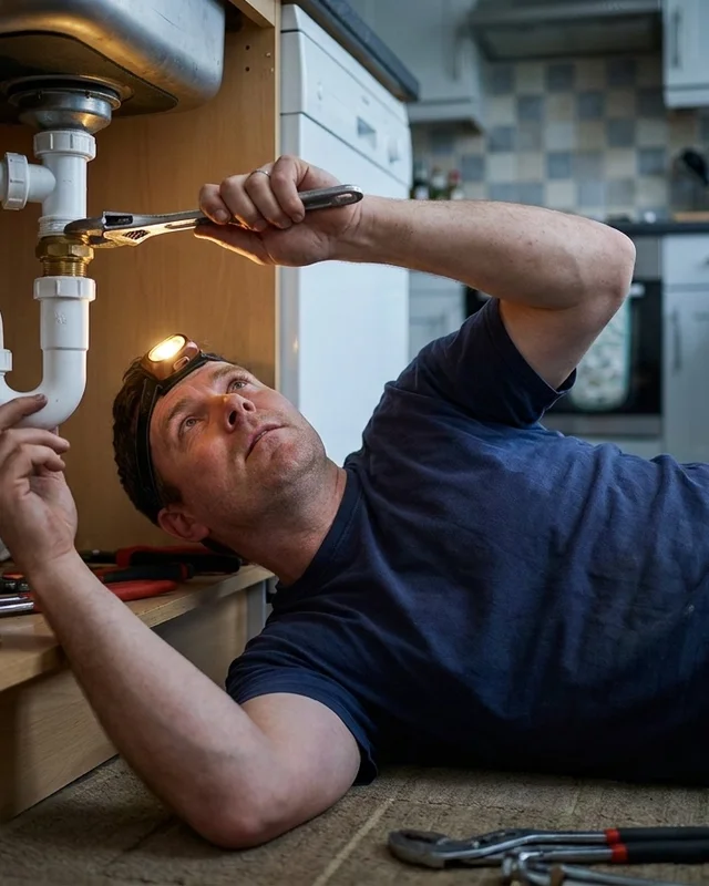 Plumber under a kitchen sink tightening a trap fitting with a basin wrench
