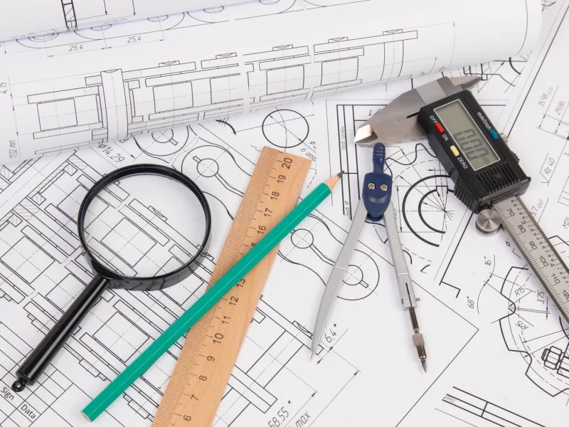 Technical product drawing and a prototype part on a workbench