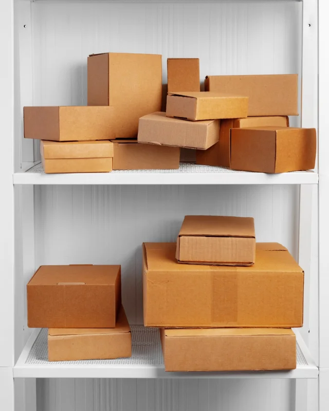 Packaged goods arranged on a stockroom shelf