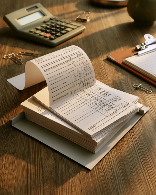 Printed financial statements and a calculator on a desk