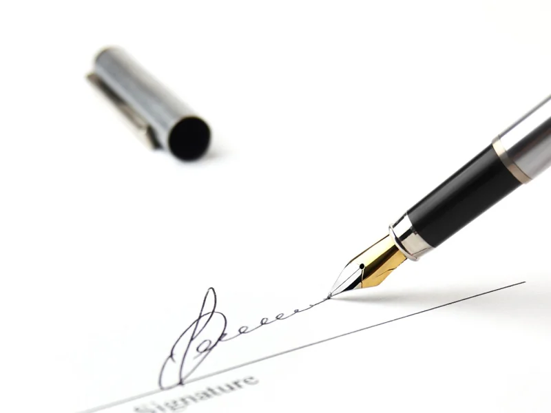Fountain pen signing the signature line of an agreement