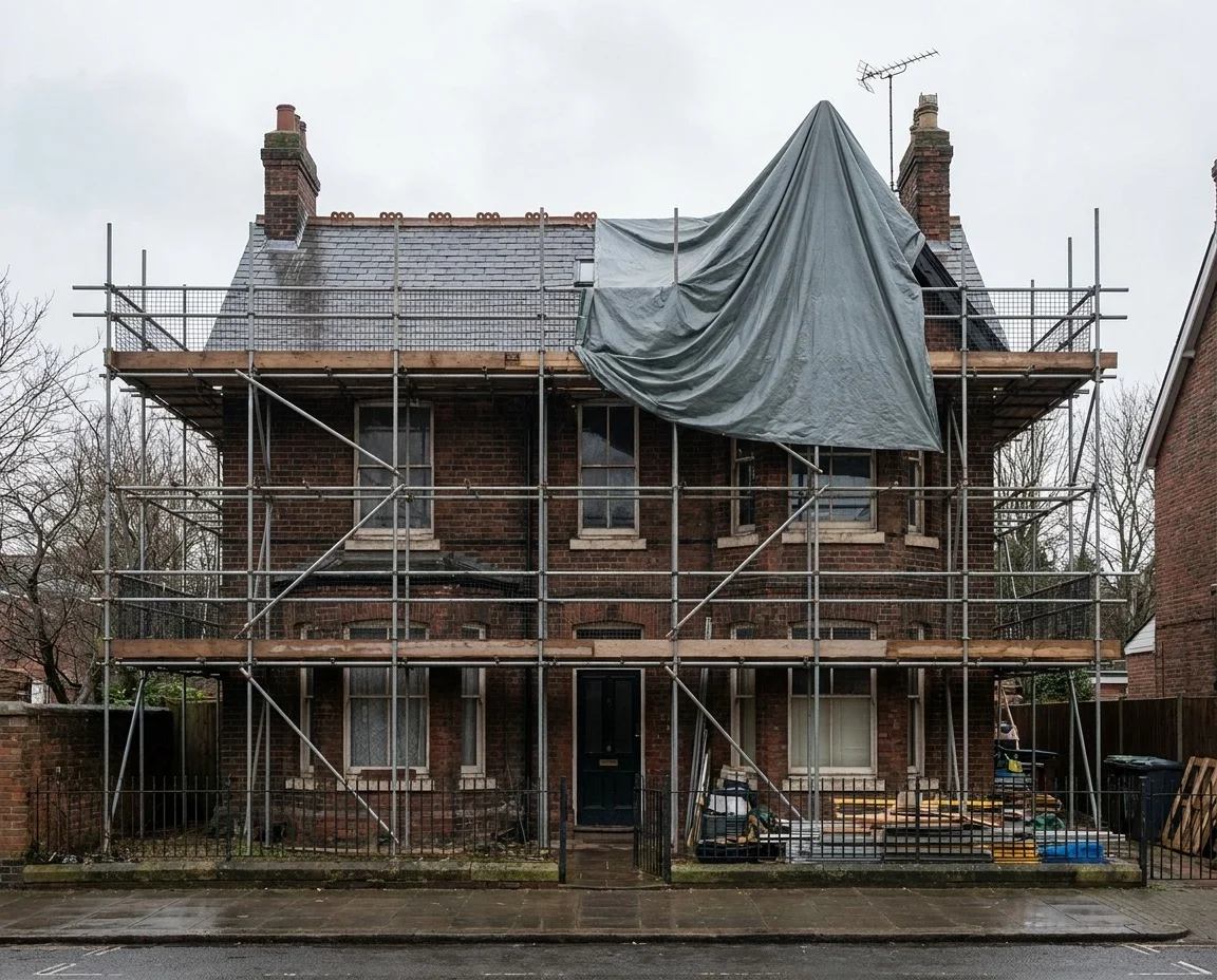 Older brick house wrapped in scaffolding with protective sheeting over the roof